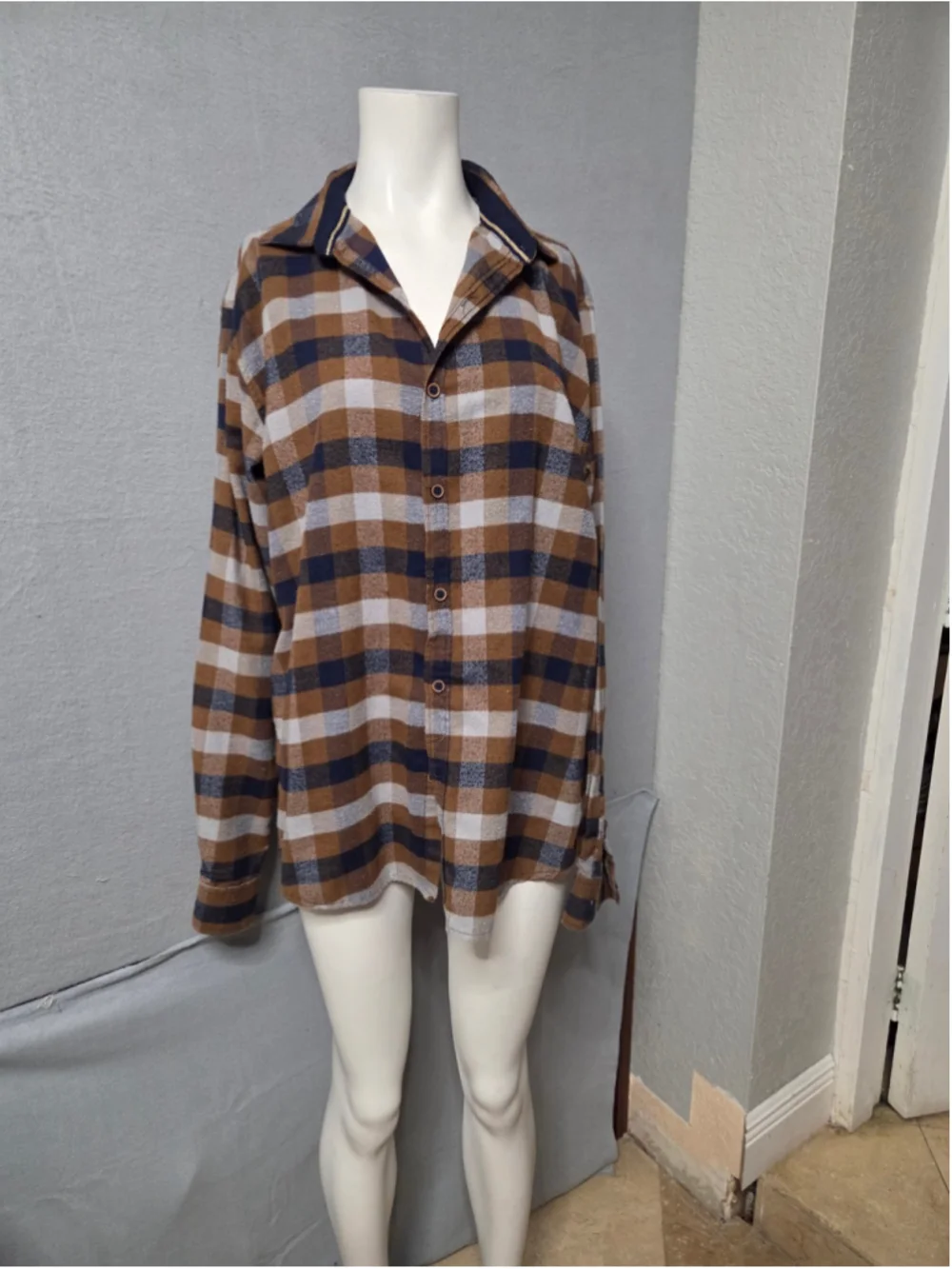 Men's Public Record Plaid Button Down Shirt, Size L, Brown/Navy